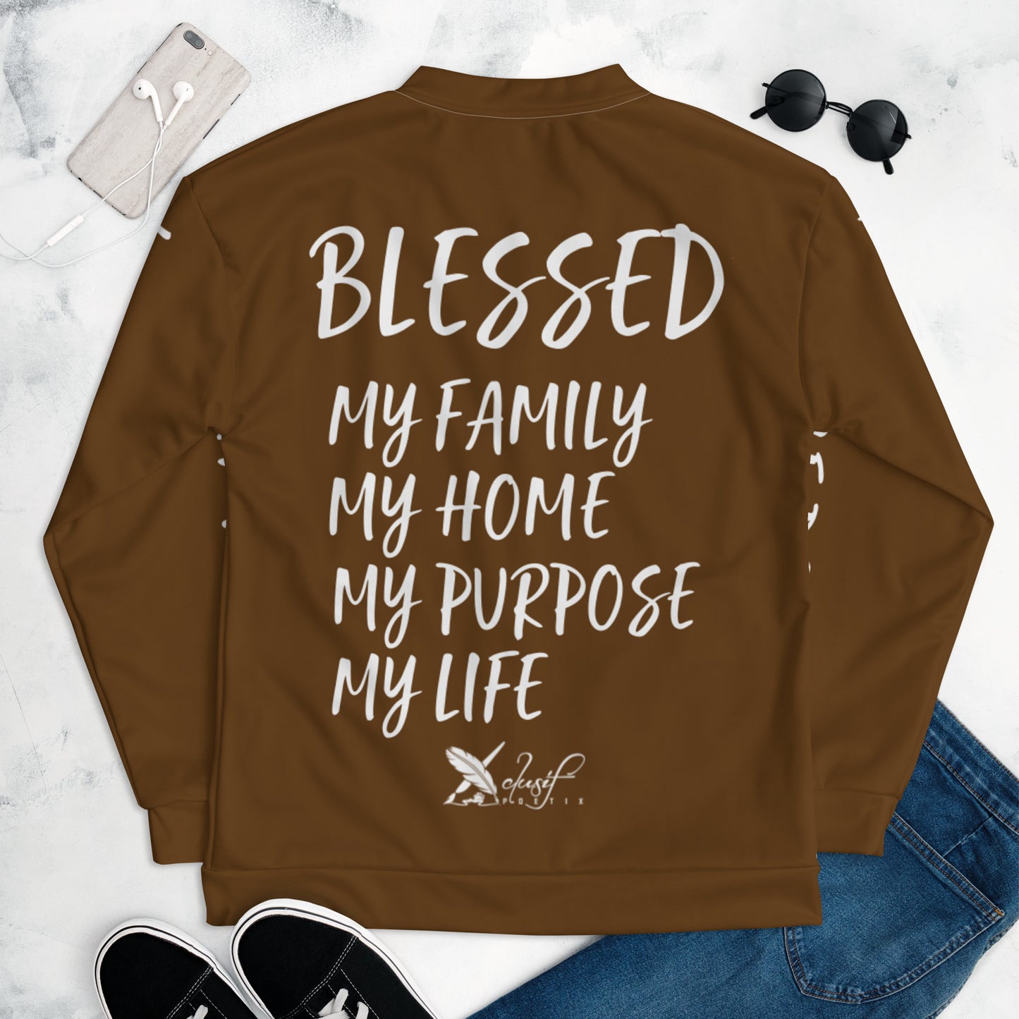 BLESSED BY XCLUSIF POETIX BROWN & WHITE Unisex Bomber Jacket