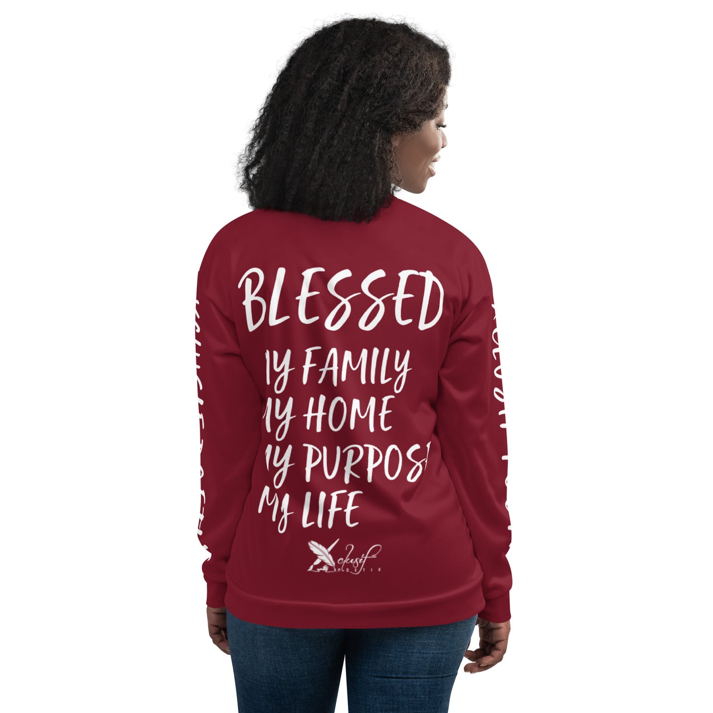 BLESSED BY XCLUSIF POETIX BURGUNDY & WHITE Unisex Bomber Jacket