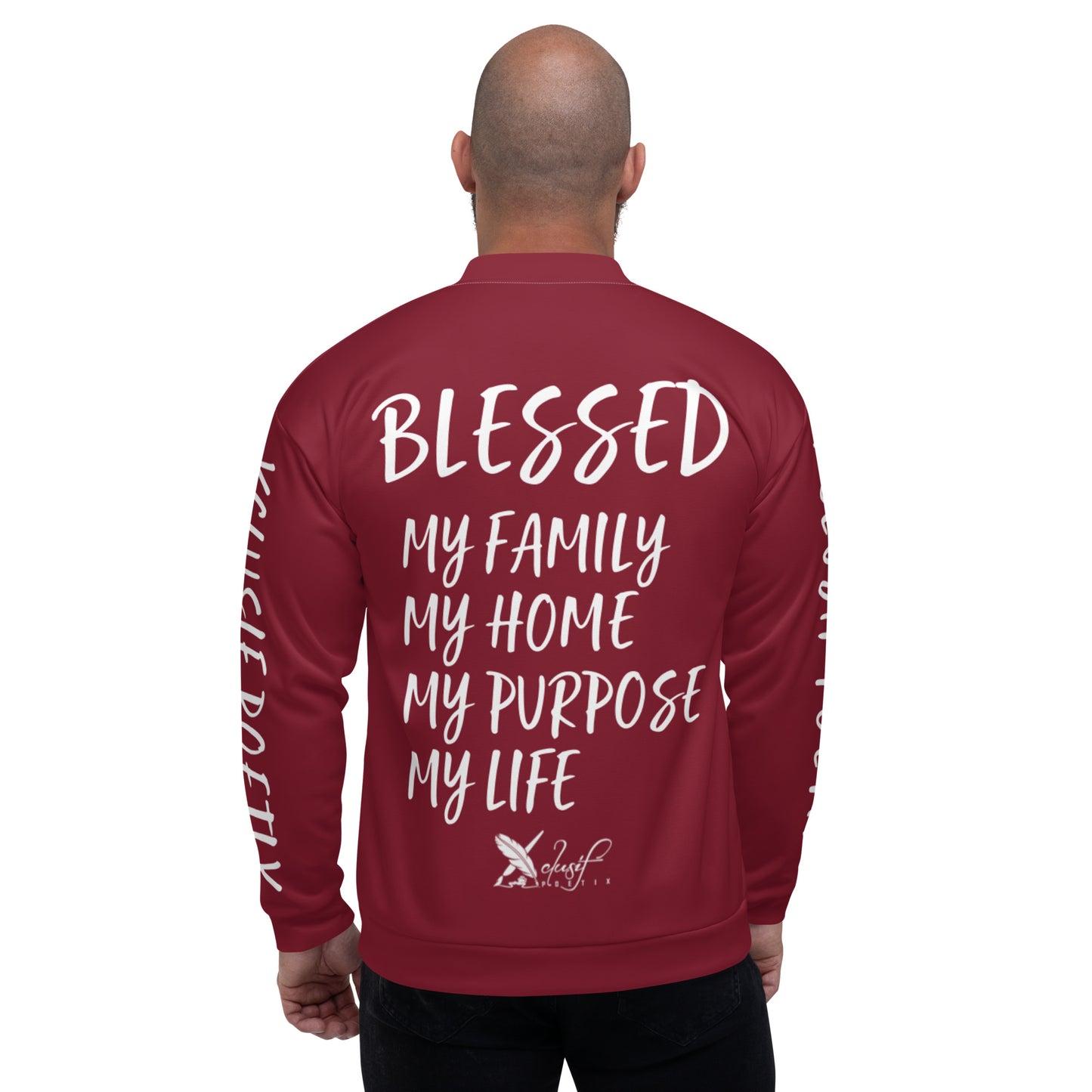 BLESSED BY XCLUSIF POETIX BURGUNDY & WHITE Unisex Bomber Jacket