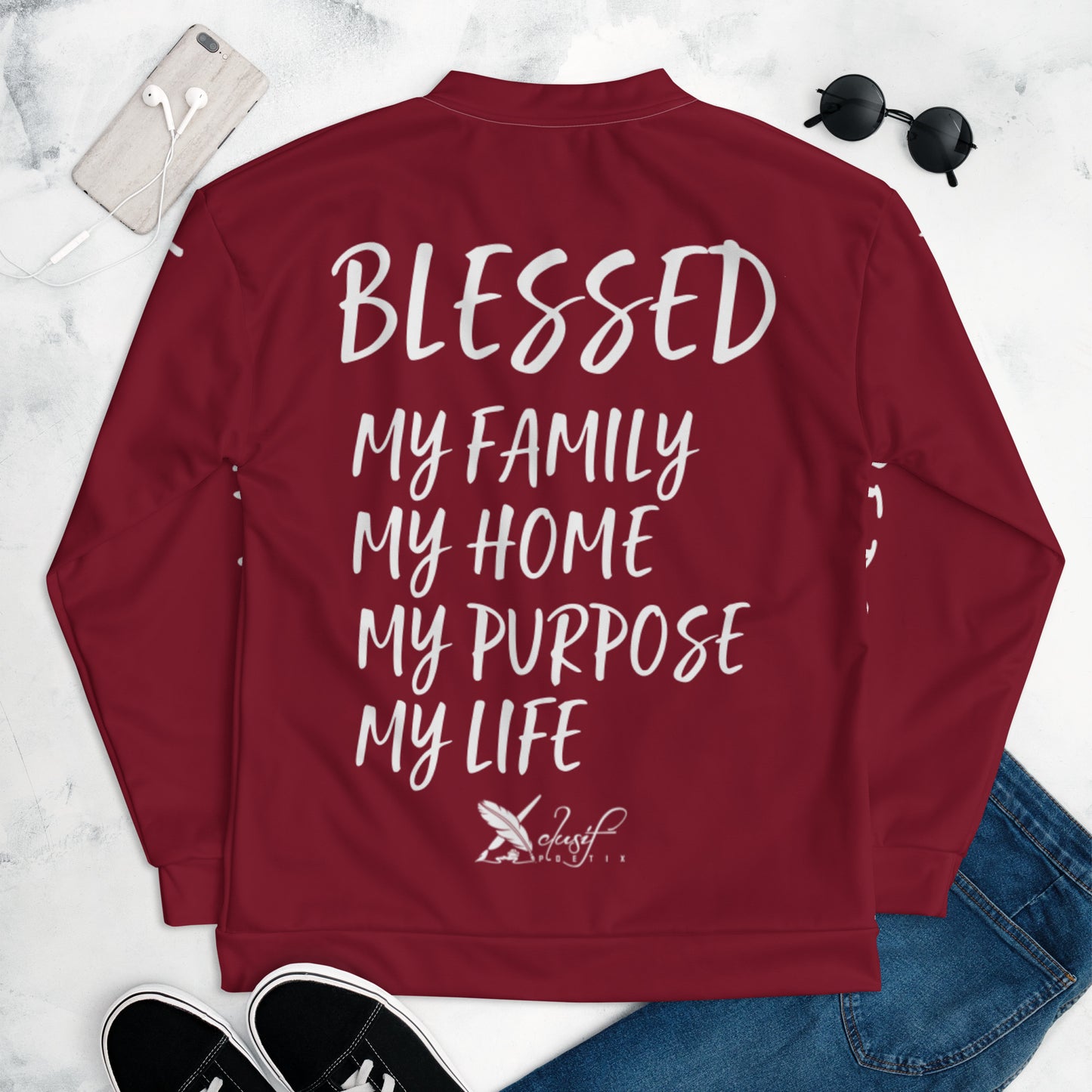 BLESSED BY XCLUSIF POETIX BURGUNDY & WHITE Unisex Bomber Jacket