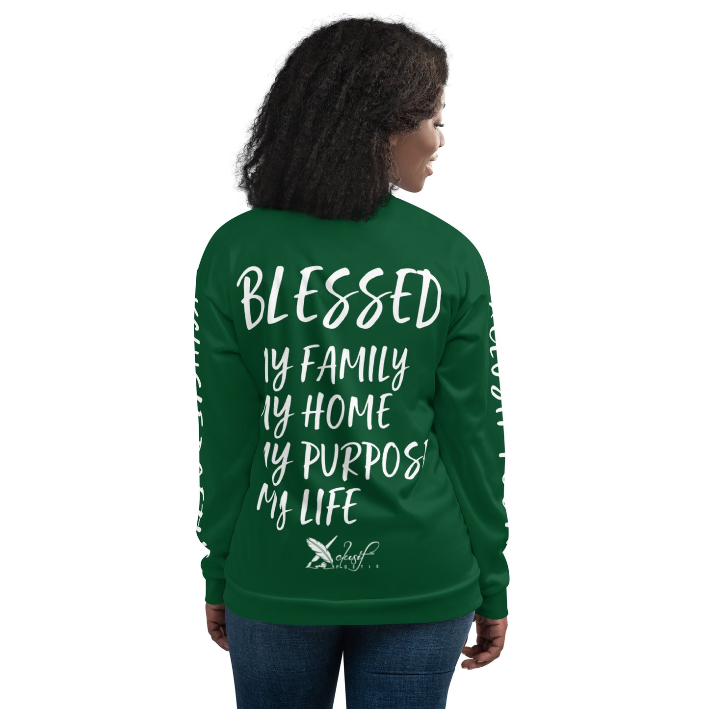 BLESSED BY XCLUSIF POETIX FOREST GREEN & WHITE Unisex Bomber Jacket