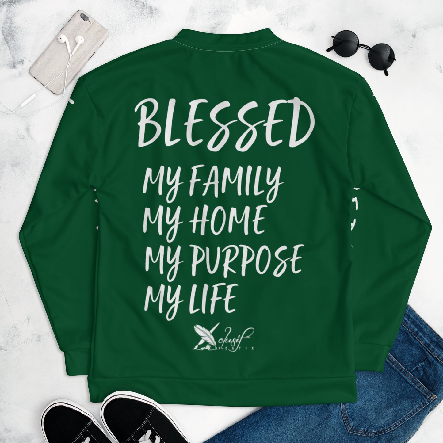 BLESSED BY XCLUSIF POETIX FOREST GREEN & WHITE Unisex Bomber Jacket