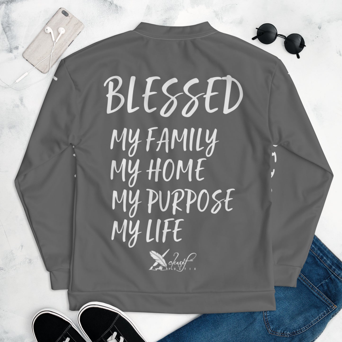 BLESSED BY XCLUSIF POETIX GREY & WHITE Unisex Bomber Jacket