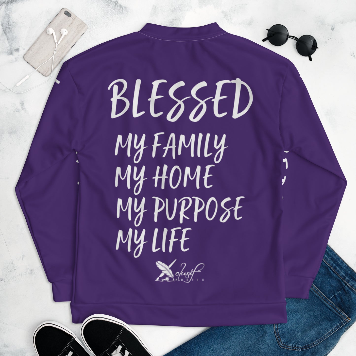 BLESSED BY XCLUSIF POETIX PURPLE & WHITE Unisex Bomber Jacket