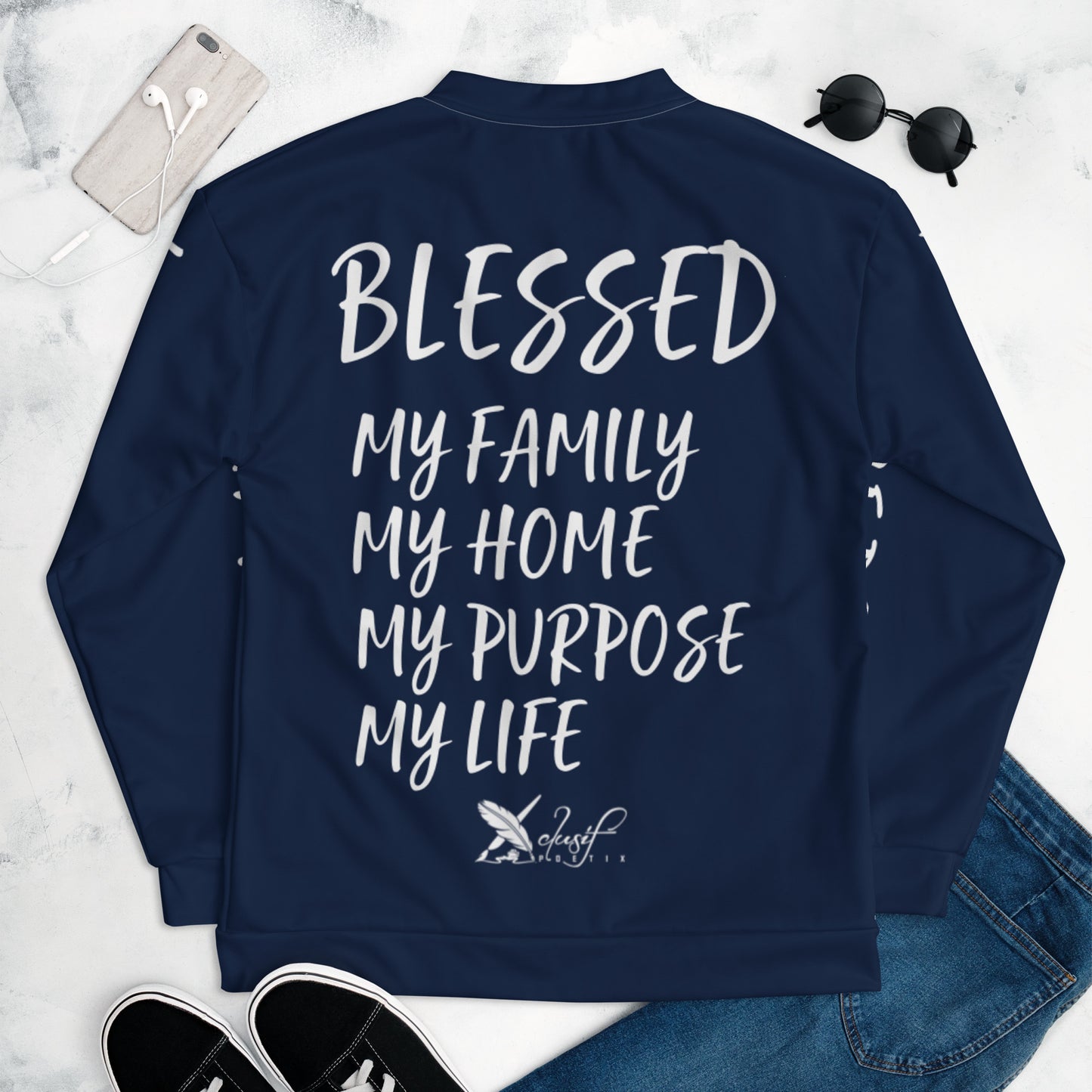 BLESSED BY XCLUSIF POETIX NAVY & WHITE Unisex Bomber Jacket