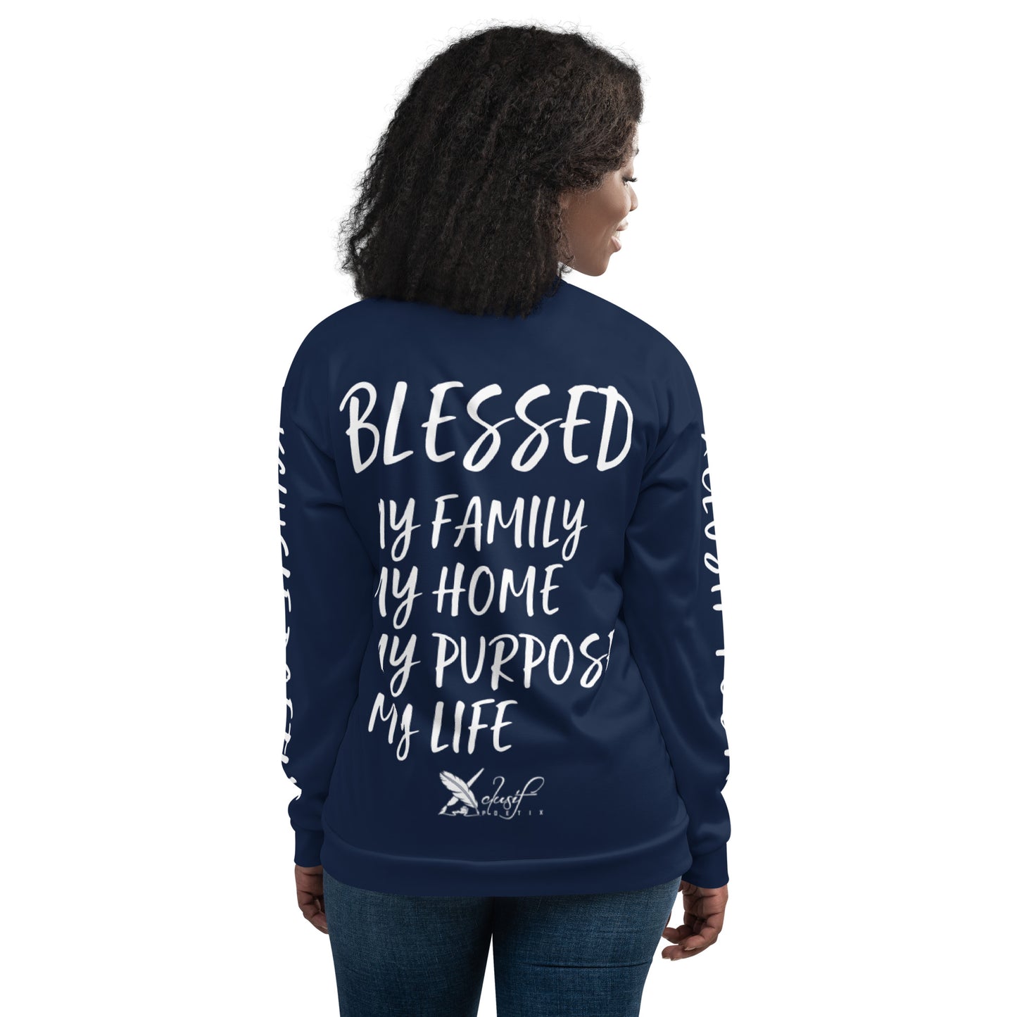 BLESSED BY XCLUSIF POETIX NAVY & WHITE Unisex Bomber Jacket