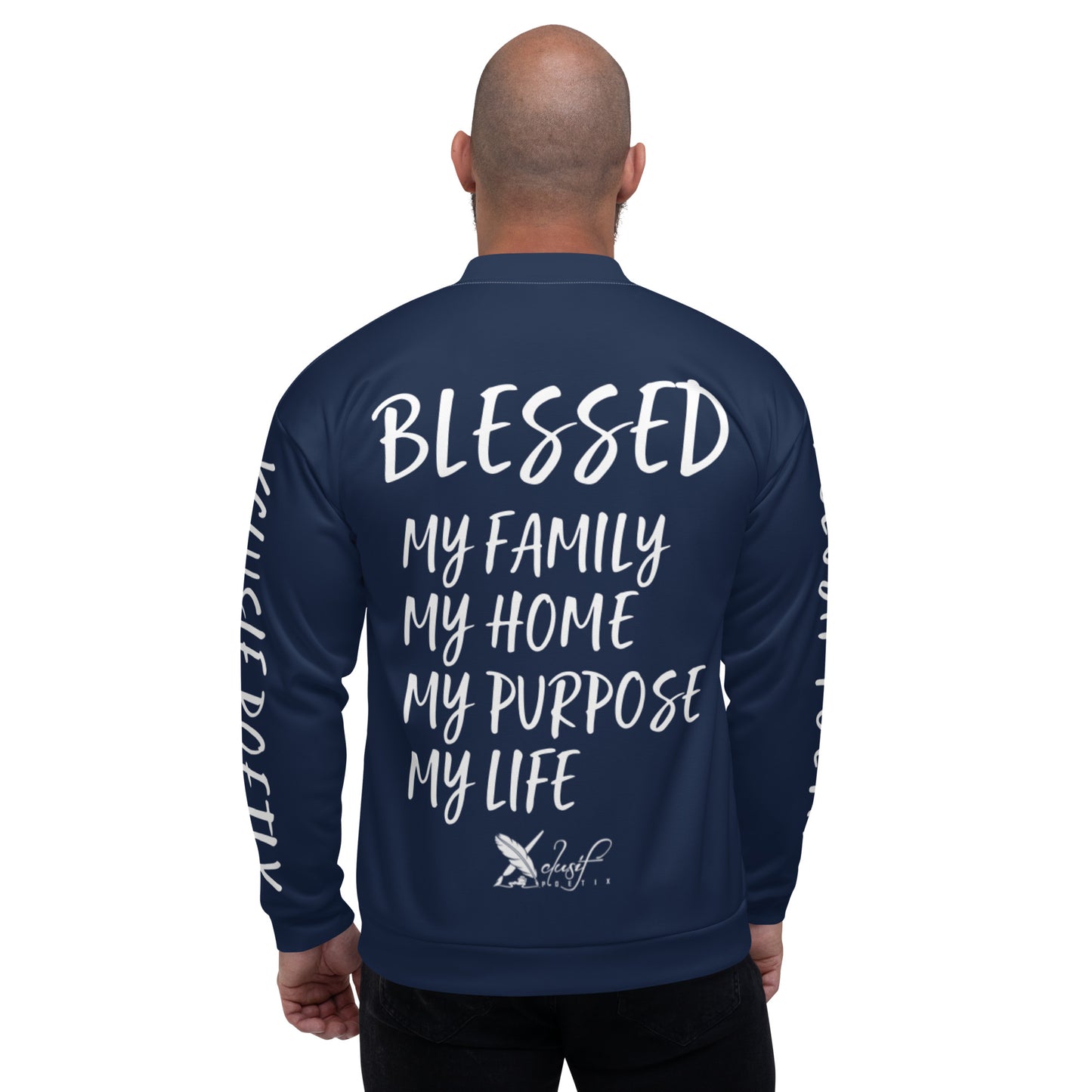 BLESSED BY XCLUSIF POETIX NAVY & WHITE Unisex Bomber Jacket