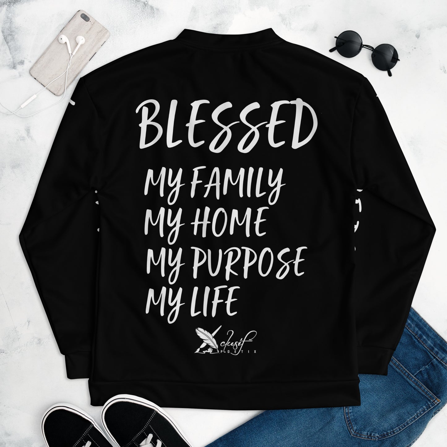 BLESSED BY XCLUSIF POETIX BLACK & WHITE Unisex Bomber Jacket