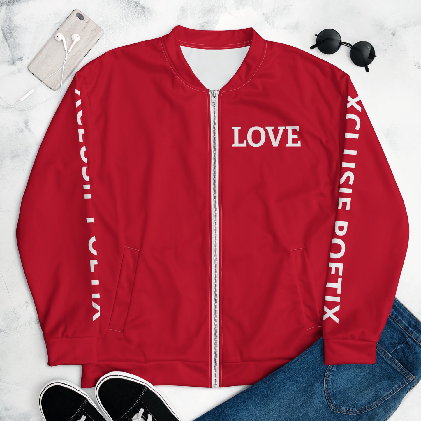 LOVE BY XCLUSIF POETIX RED & WHITE Unisex Bomber Jacket