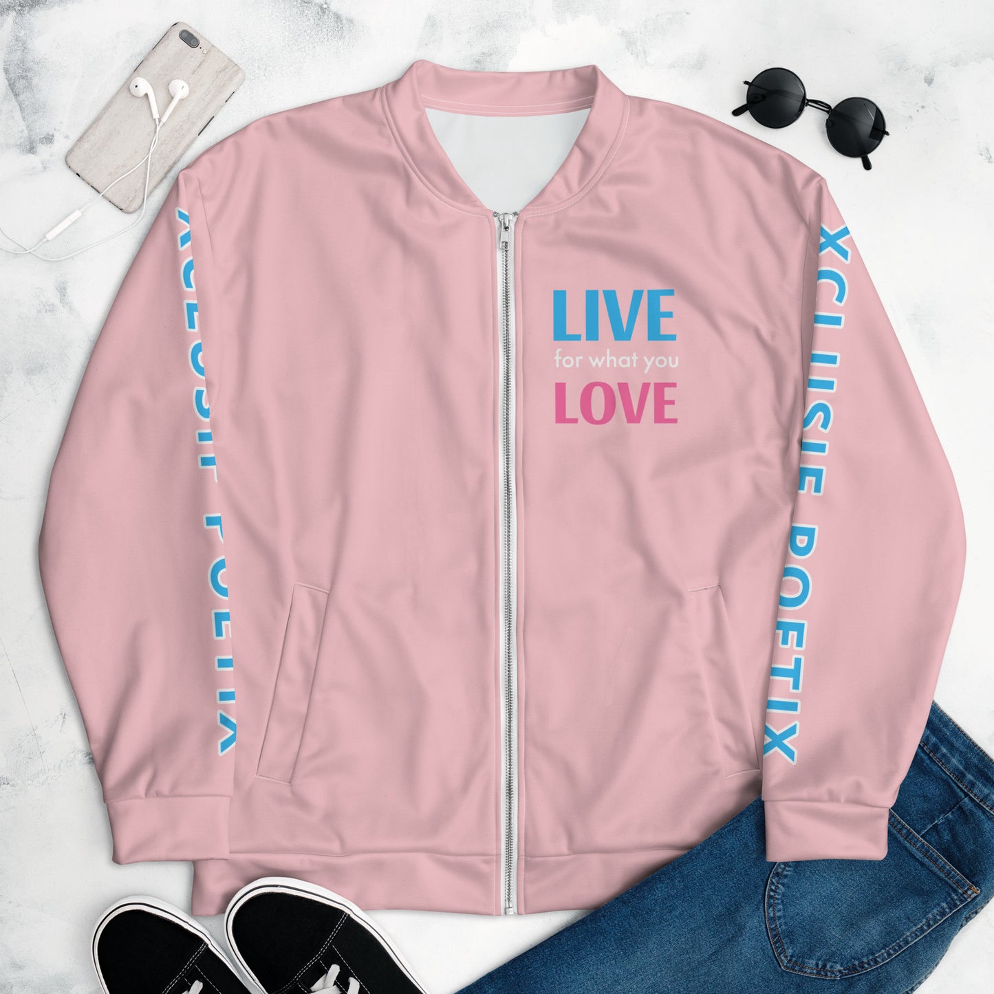 "LIVE FOR WHAT YOU LOVE" BY XCLUSIF POETIX PINK Unisex Bomber Jacket