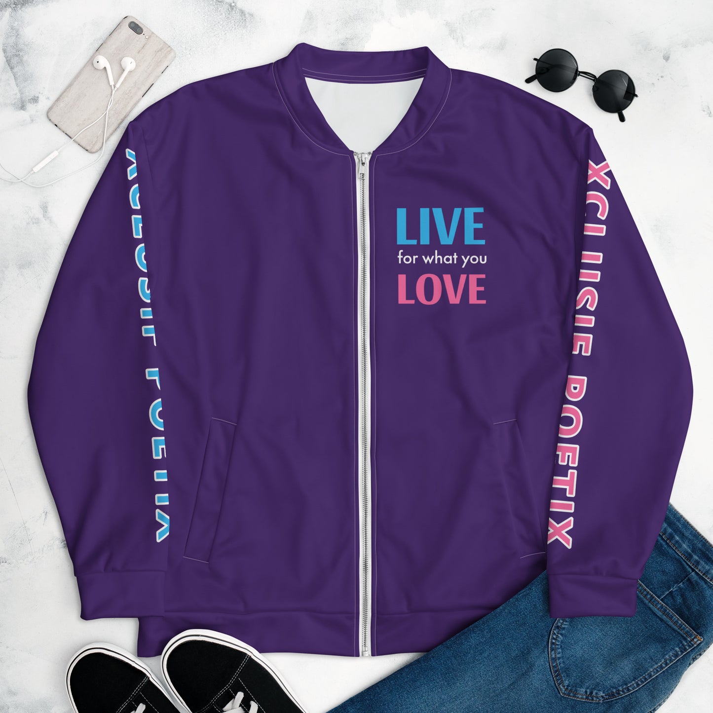 "LIVE FOR WHAT YOU LOVE" BY XCLUSIF POETIX PURPLE Unisex Bomber Jacket