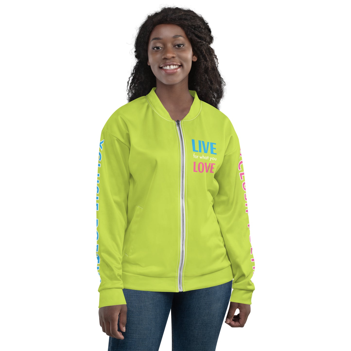 "LIVE FOR WHAT YOU LOVE" BY XCLUSIF POETIX LIGHT GREEN Unisex Bomber Jacket