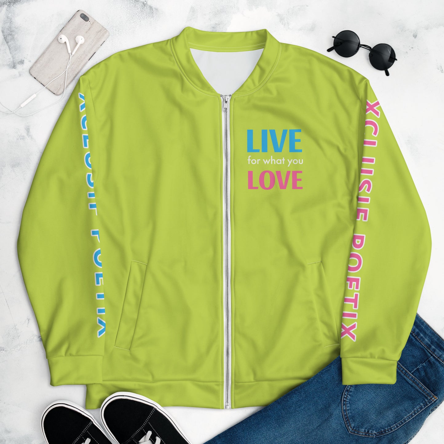 "LIVE FOR WHAT YOU LOVE" BY XCLUSIF POETIX LIGHT GREEN Unisex Bomber Jacket