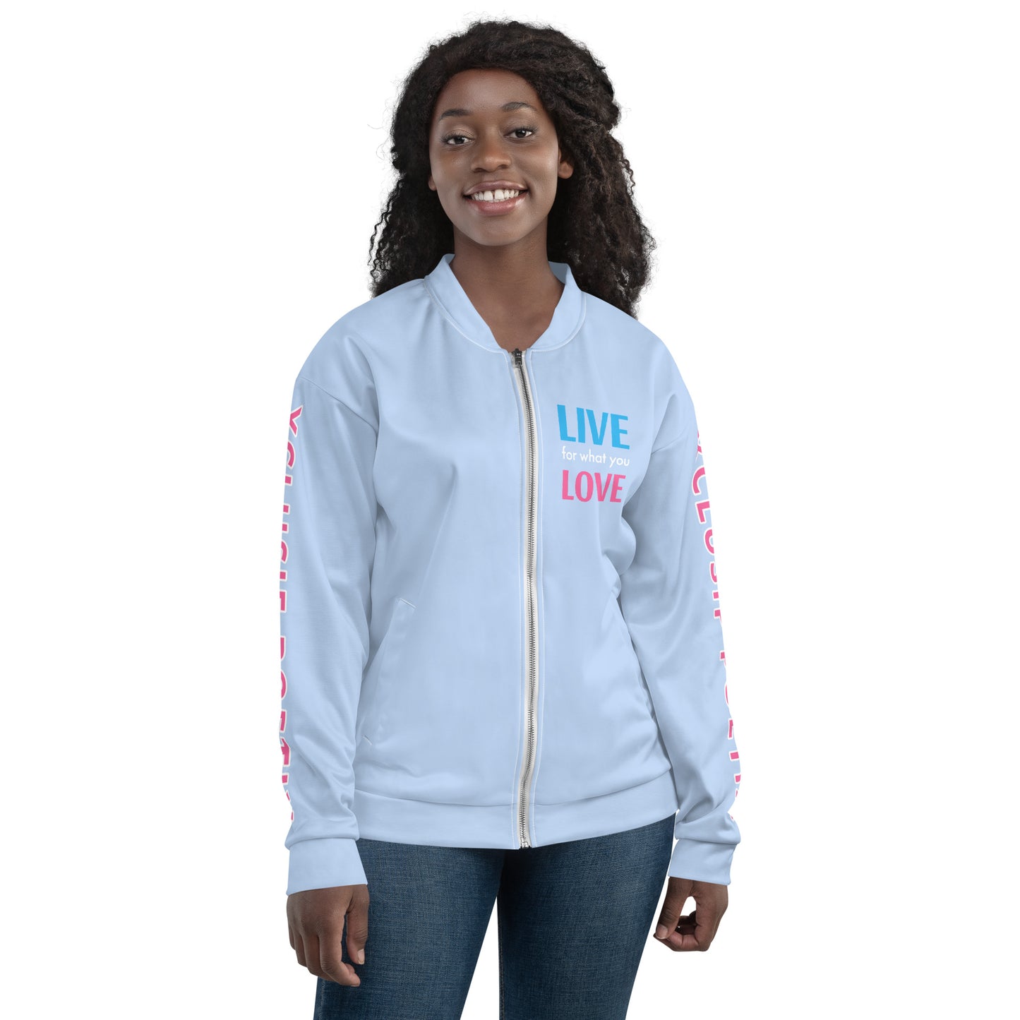 "LIVE FOR WHAT YOU LOVE" BY XCLUSIF POETIX LIGHT BLUE Unisex Bomber Jacket