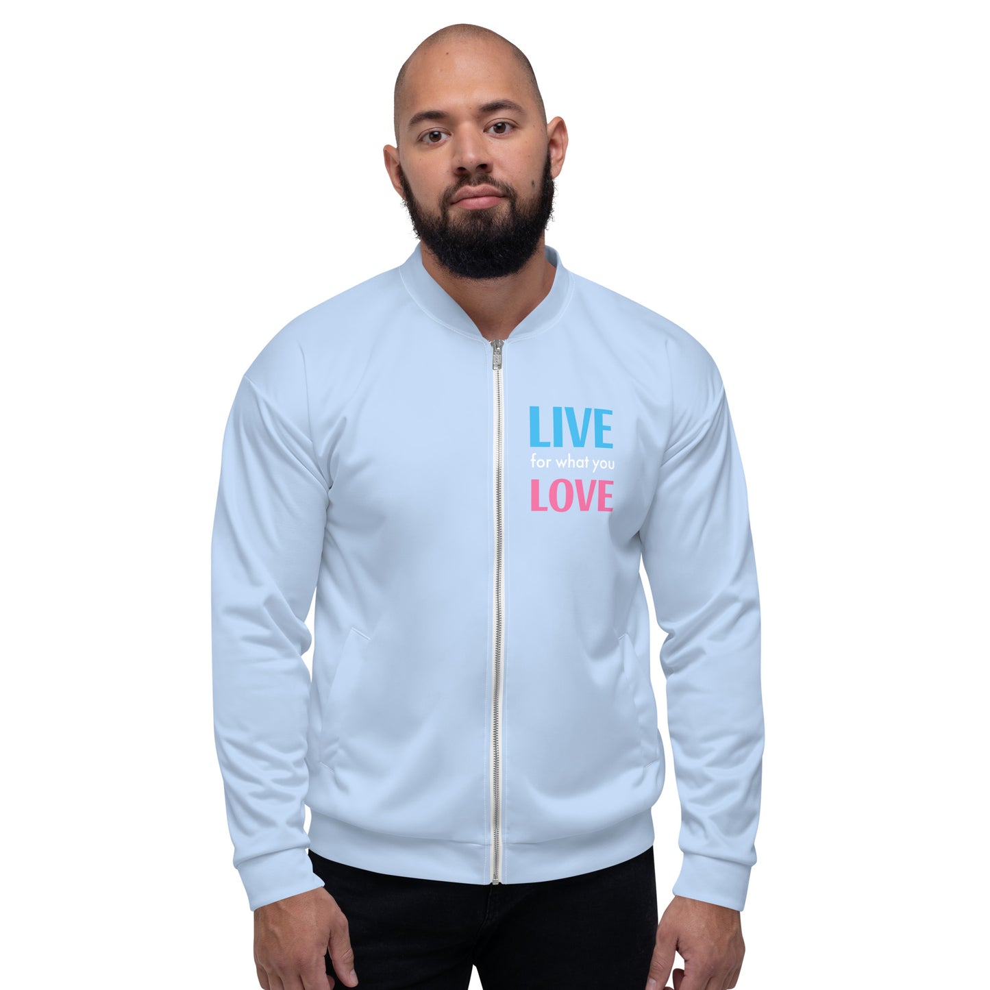 "LIVE FOR WHAT YOU LOVE" BY XCLUSIF POETIX LIGHT BLUE Unisex Bomber Jacket