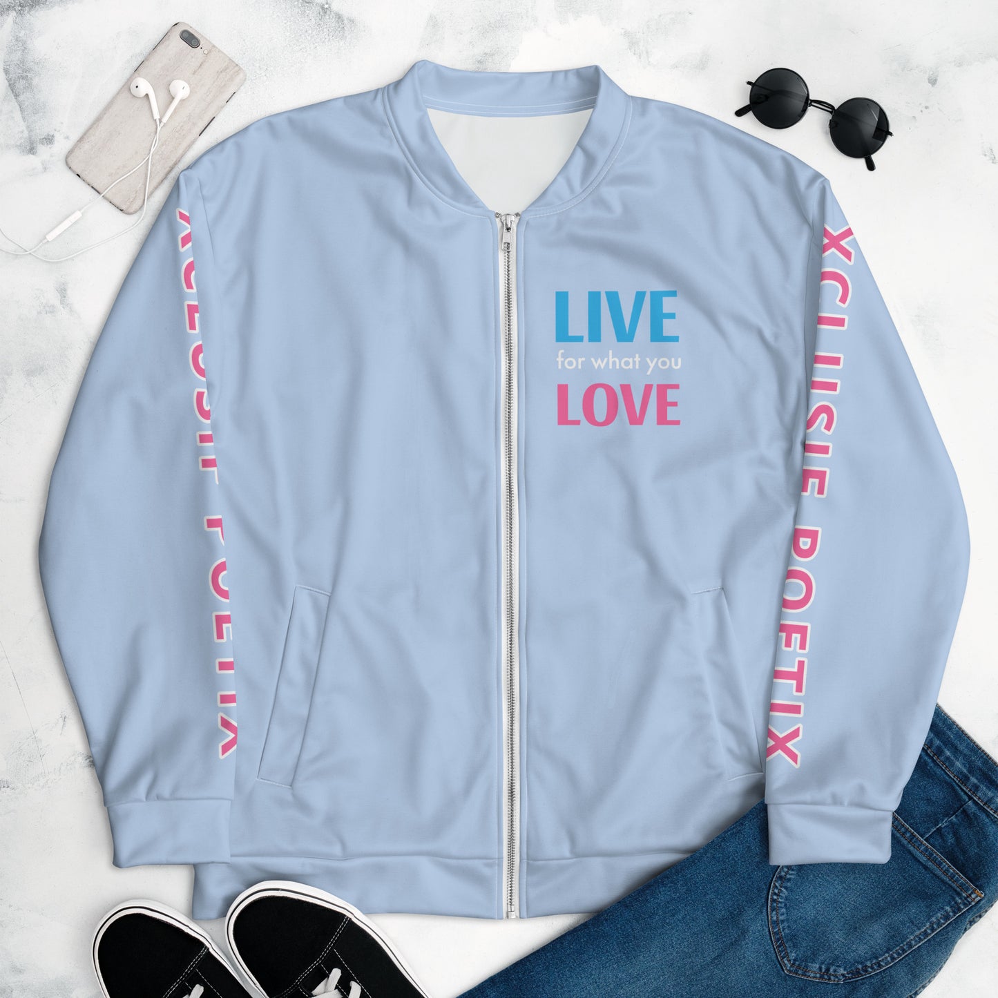 "LIVE FOR WHAT YOU LOVE" BY XCLUSIF POETIX LIGHT BLUE Unisex Bomber Jacket