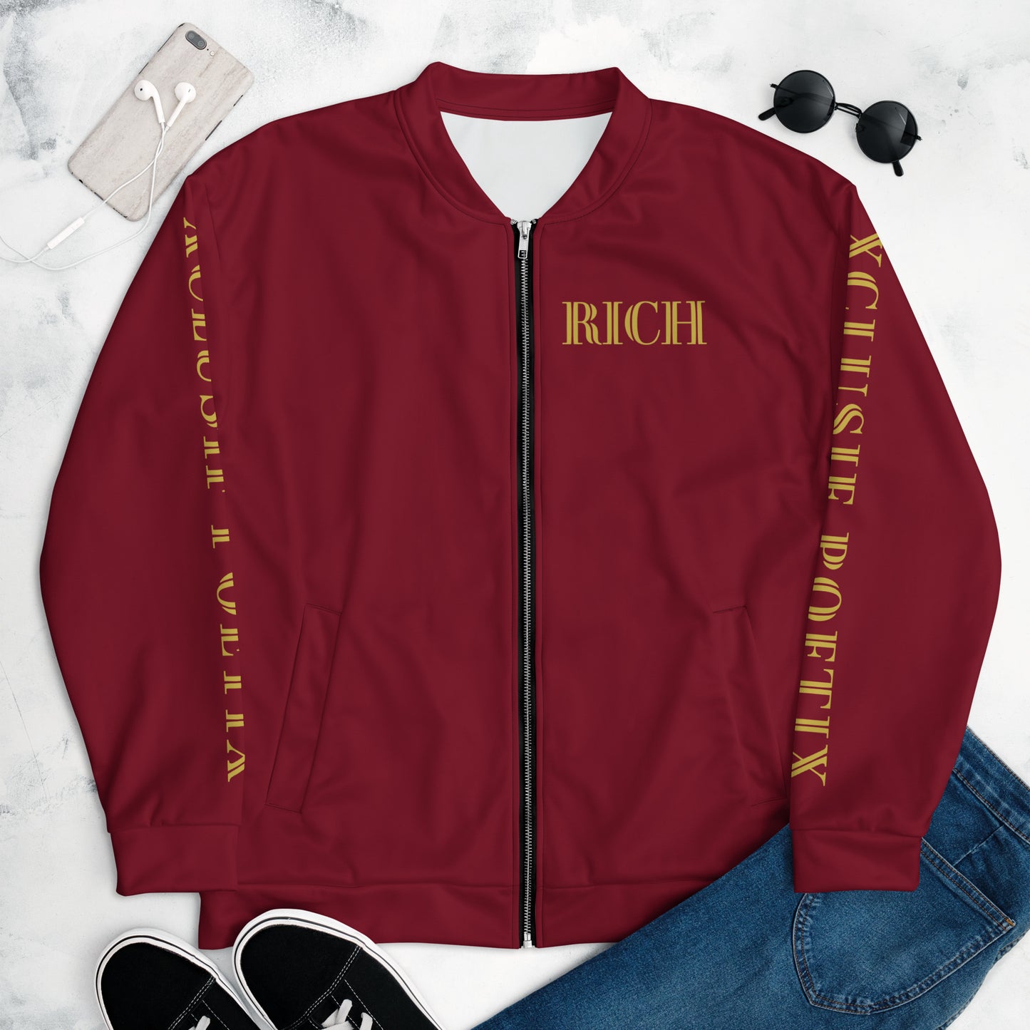 RICH BY XCLUSIF POETIX BURGUNDY & GOLD Unisex Bomber Jacket