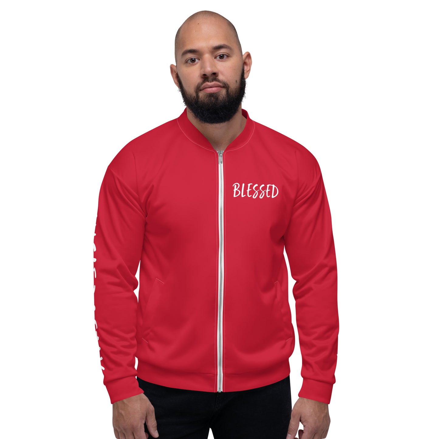 BLESSED BY XCLUSIF POETIX RED & WHITE Unisex Bomber Jacket