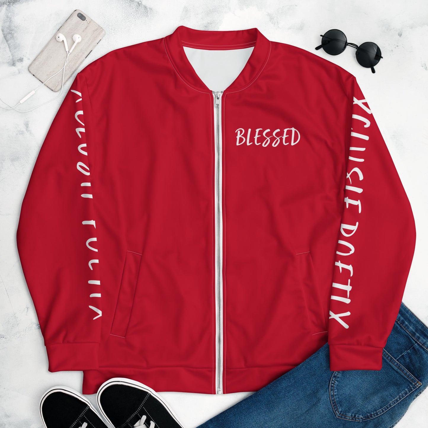 BLESSED BY XCLUSIF POETIX RED & WHITE Unisex Bomber Jacket