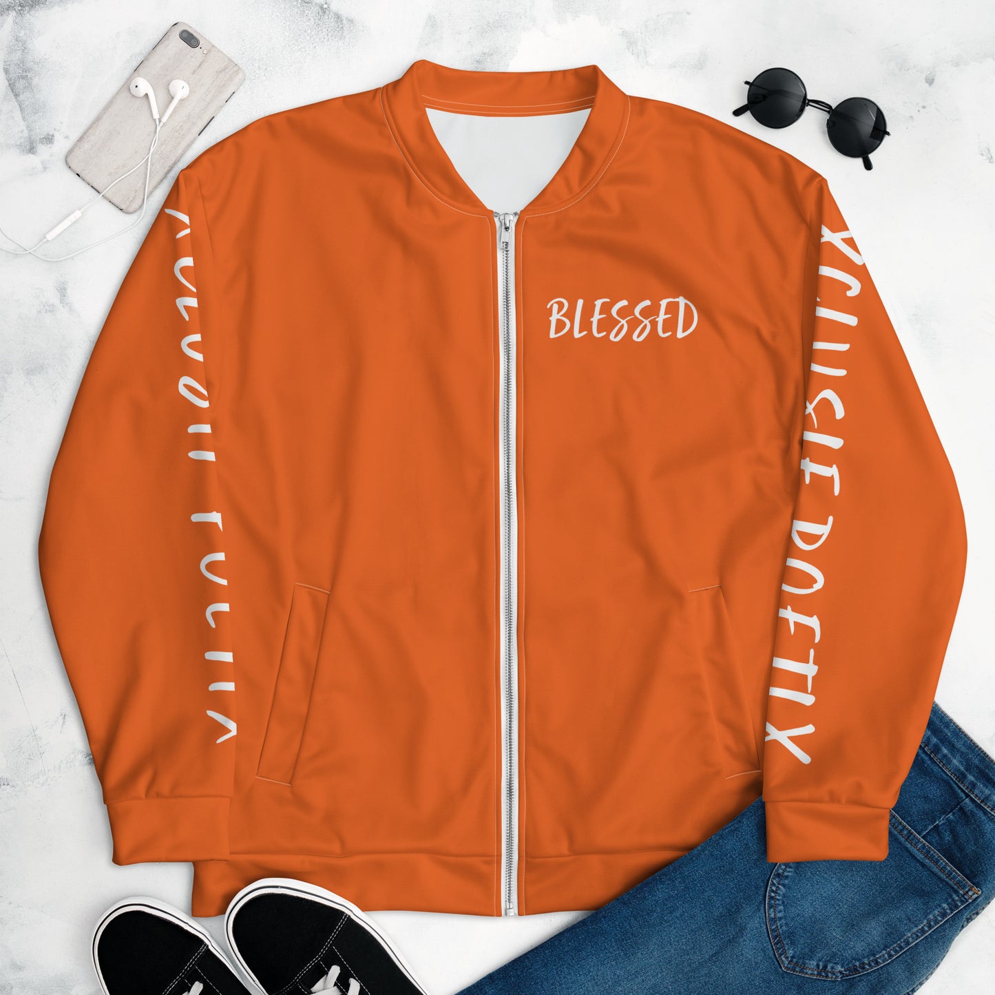 BLESSED BY XCLUSIF POETIX ORANGE & WHITE Unisex Bomber Jacket