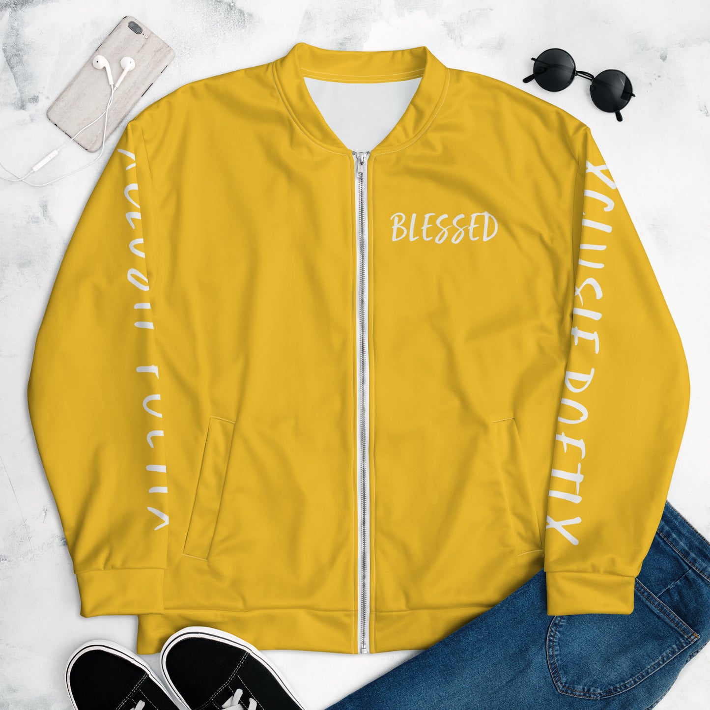 BLESSED BY XCLUSIF POETIX YELLOW & WHITE Unisex Bomber Jacket