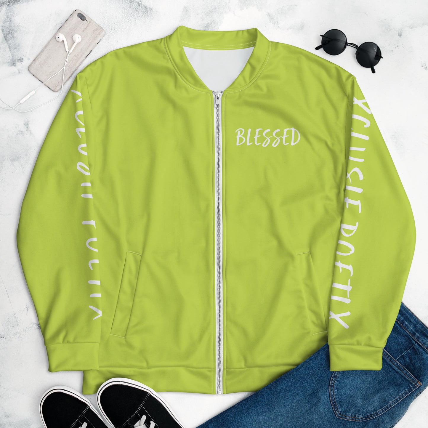 BLESSED BY XCLUSIF POETIX LIGHT GREEN & WHITE Unisex Bomber Jacket