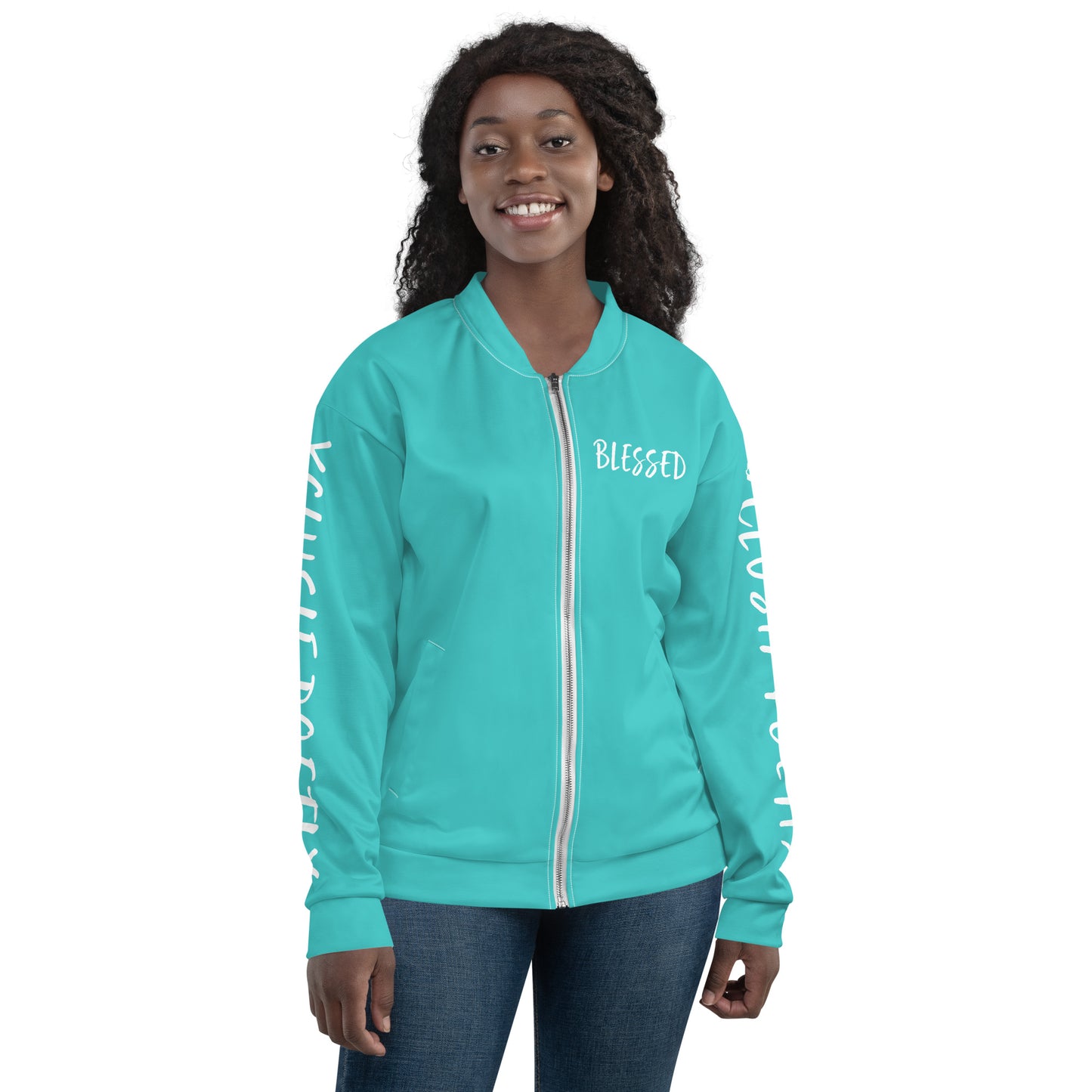 BLESSED BY XCLUSIF POETIX TURQUOISE & WHITE Unisex Bomber Jacket