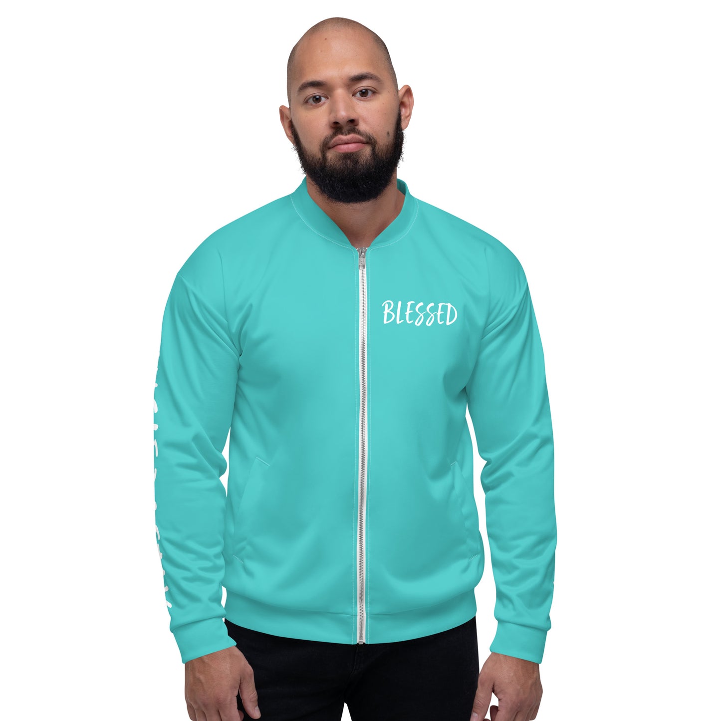 BLESSED BY XCLUSIF POETIX TURQUOISE & WHITE Unisex Bomber Jacket