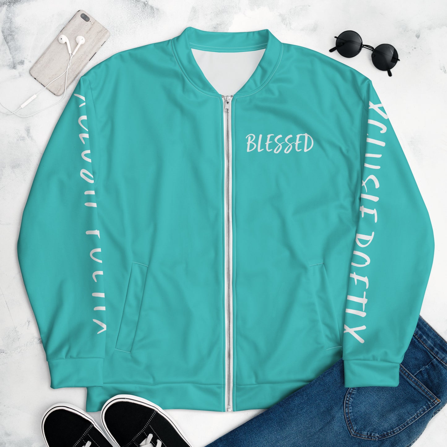 BLESSED BY XCLUSIF POETIX TURQUOISE & WHITE Unisex Bomber Jacket