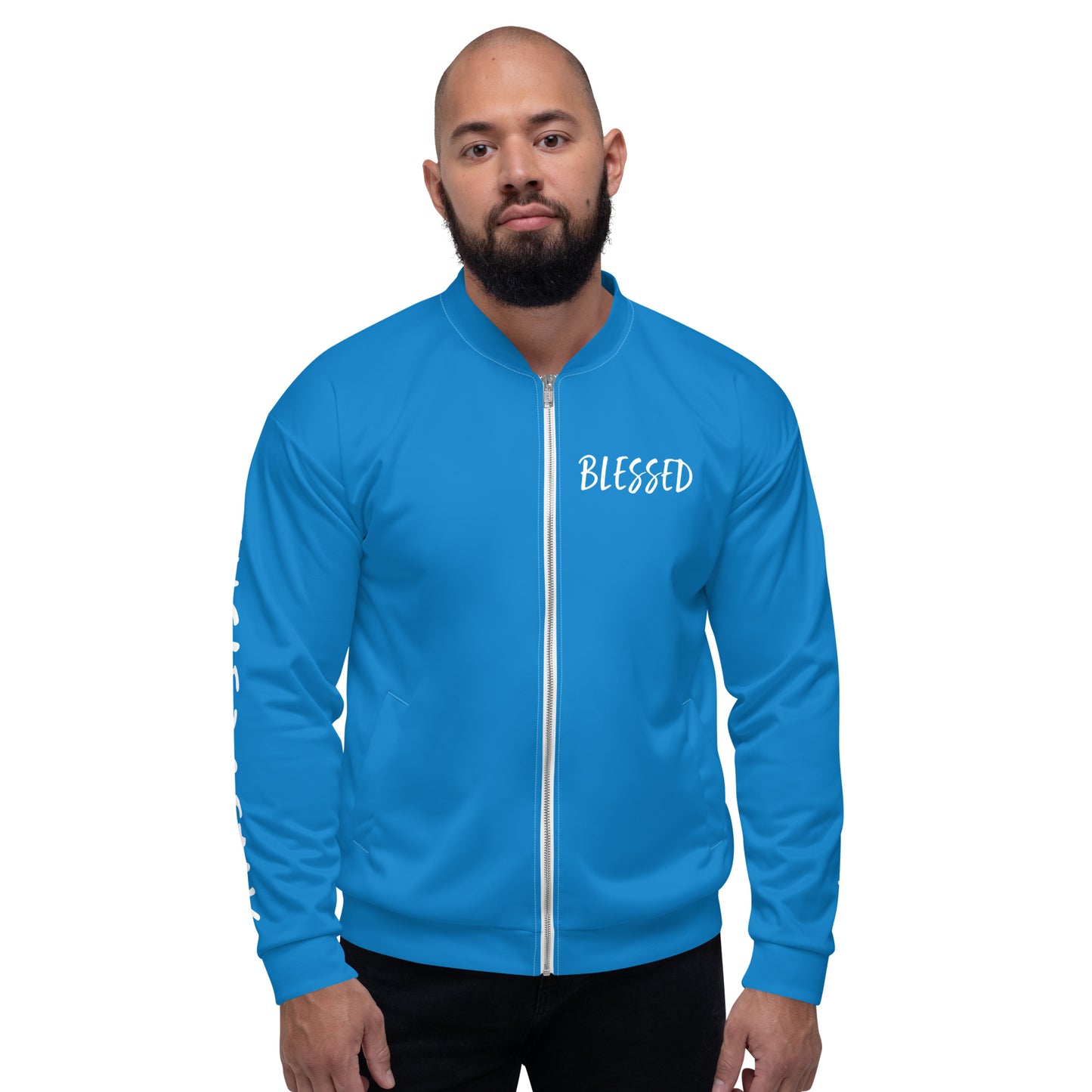 BLESSED BY XCLUSIF POETIX BLUE & WHITE Unisex Bomber Jacket