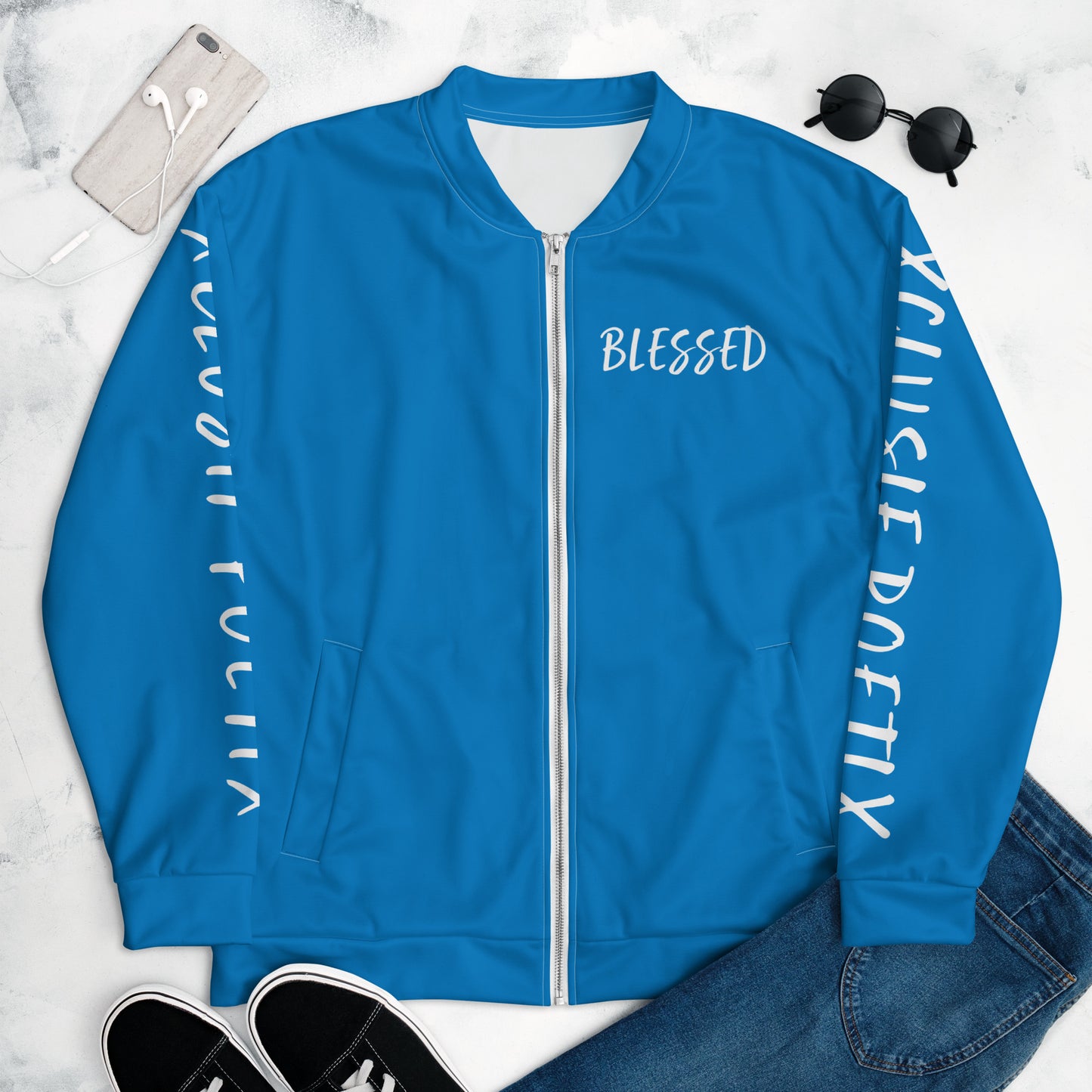 BLESSED BY XCLUSIF POETIX BLUE & WHITE Unisex Bomber Jacket