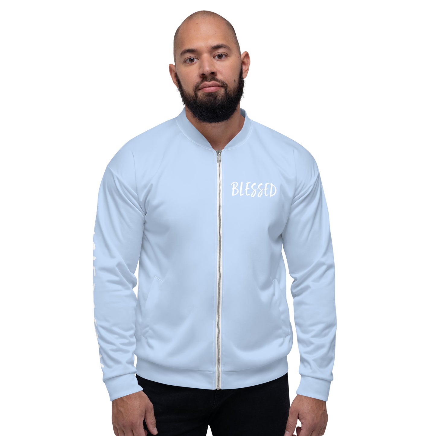 BLESSED BY XCLUSIF POETIX LIGHT BLUE & WHITE Unisex Bomber Jacket