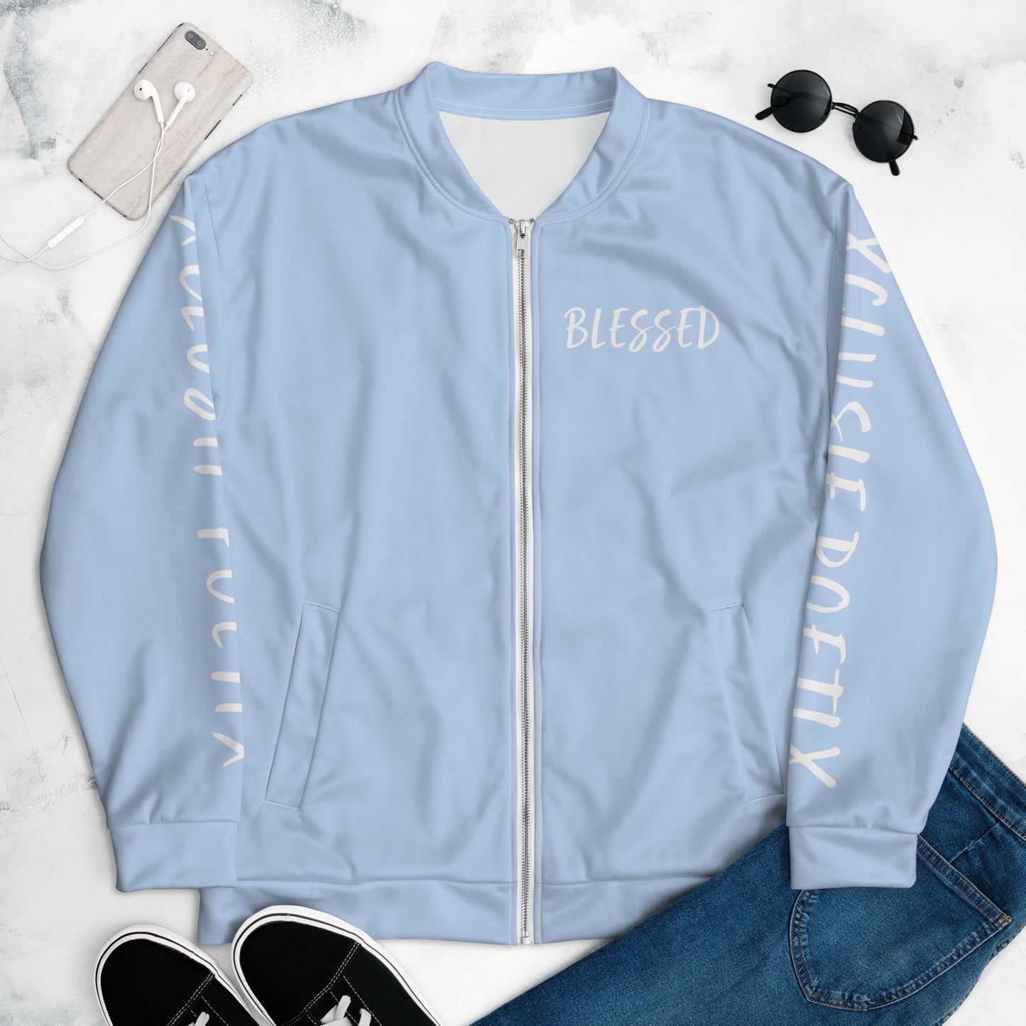 BLESSED BY XCLUSIF POETIX LIGHT BLUE & WHITE Unisex Bomber Jacket