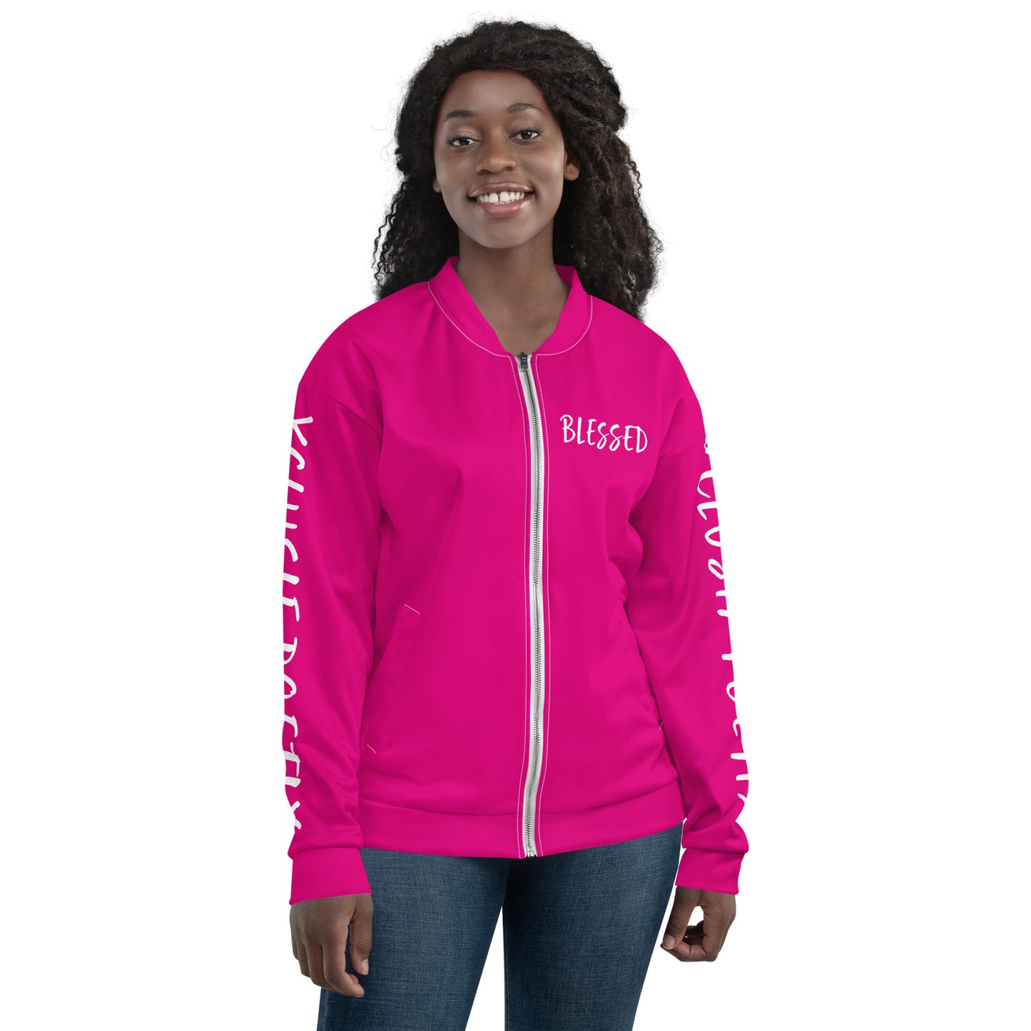 BLESSED BY XCLUSIF POETIX HOT PINK & WHITE Unisex Bomber Jacket