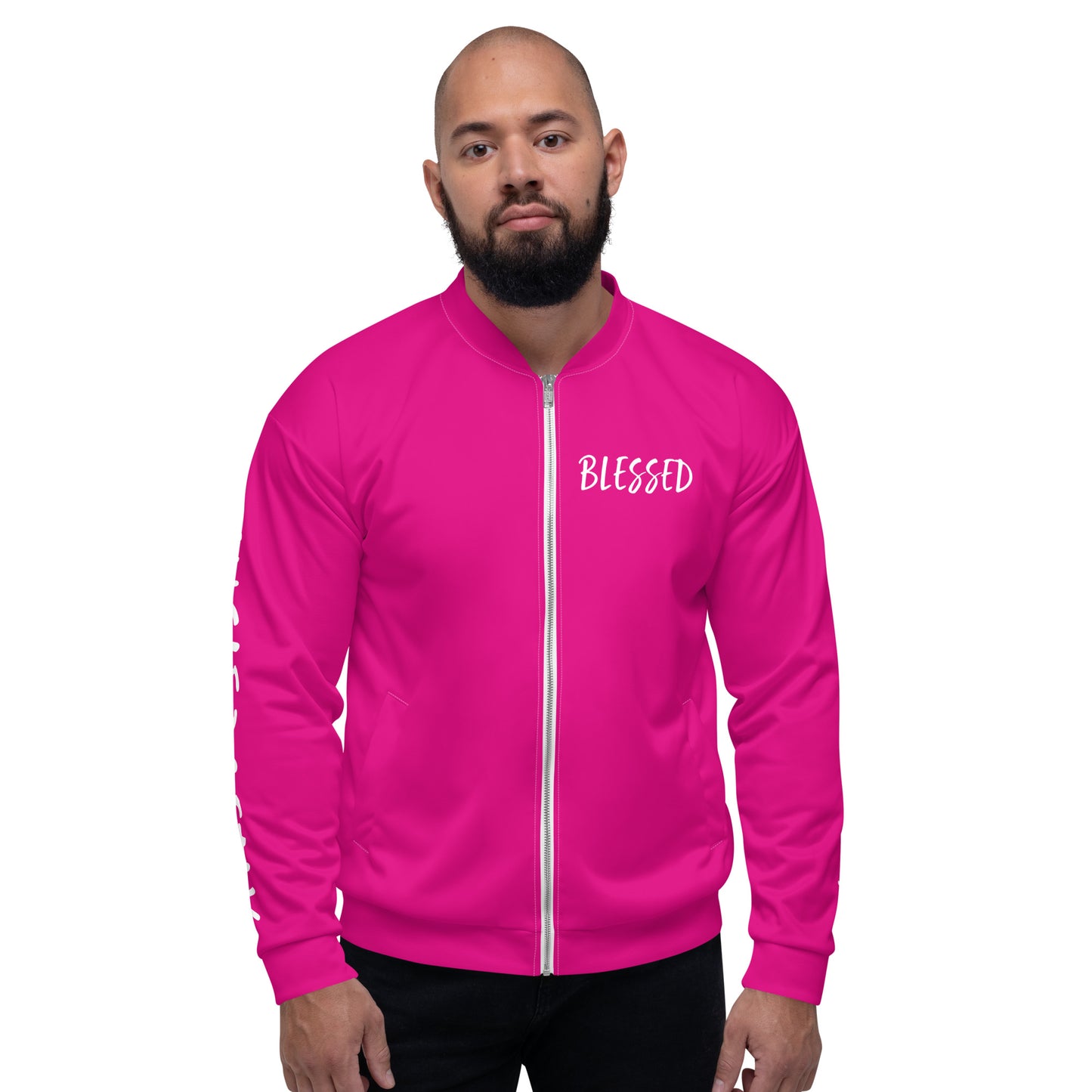 BLESSED BY XCLUSIF POETIX HOT PINK & WHITE Unisex Bomber Jacket