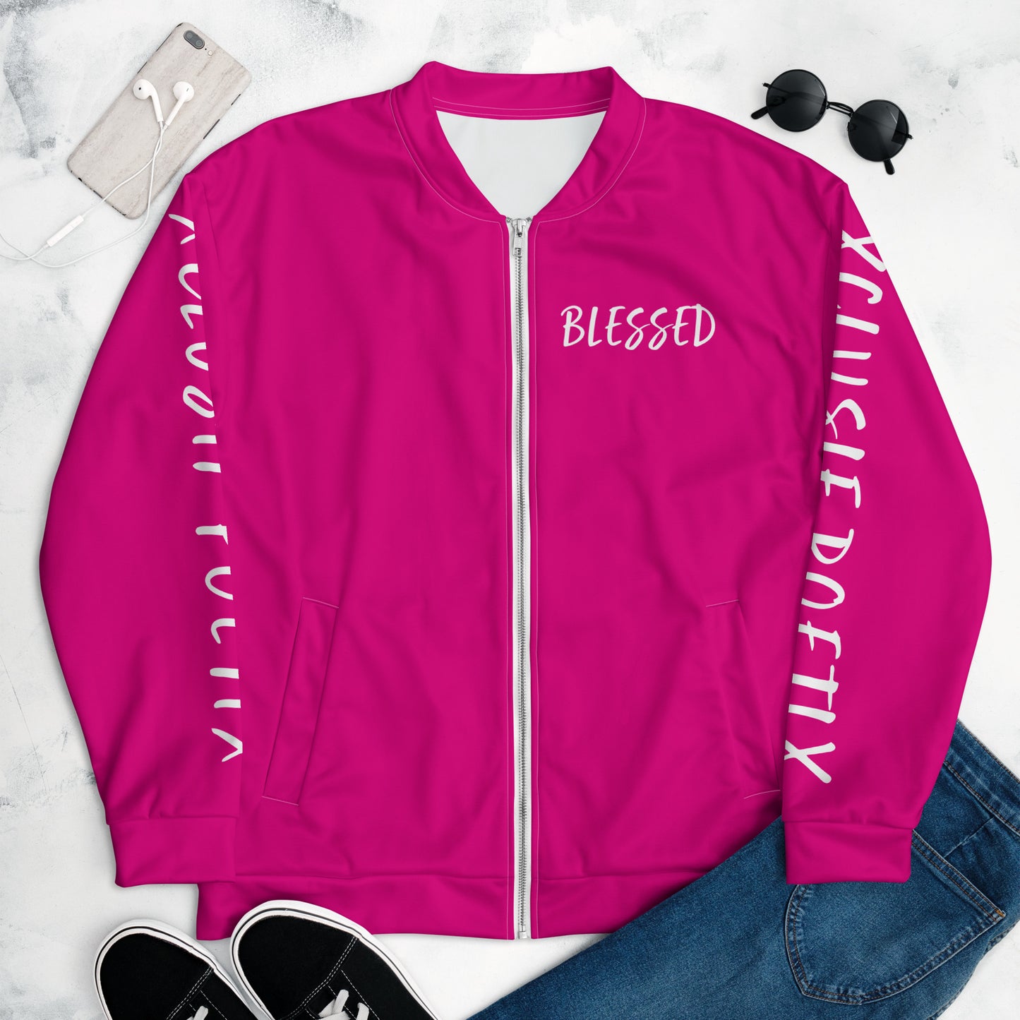 BLESSED BY XCLUSIF POETIX HOT PINK & WHITE Unisex Bomber Jacket