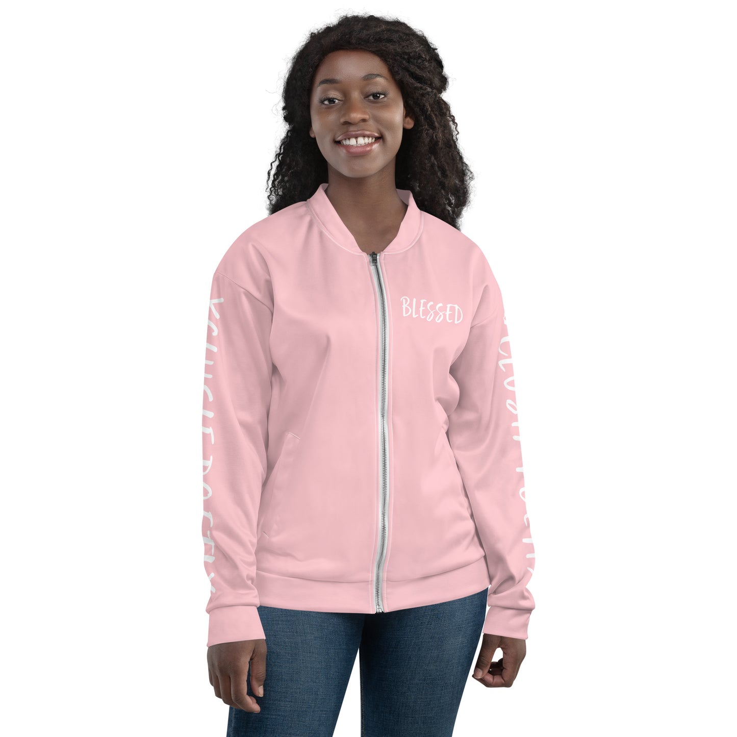 BLESSED BY XCLUSIF POETIX PINK & WHITE Unisex Bomber Jacket