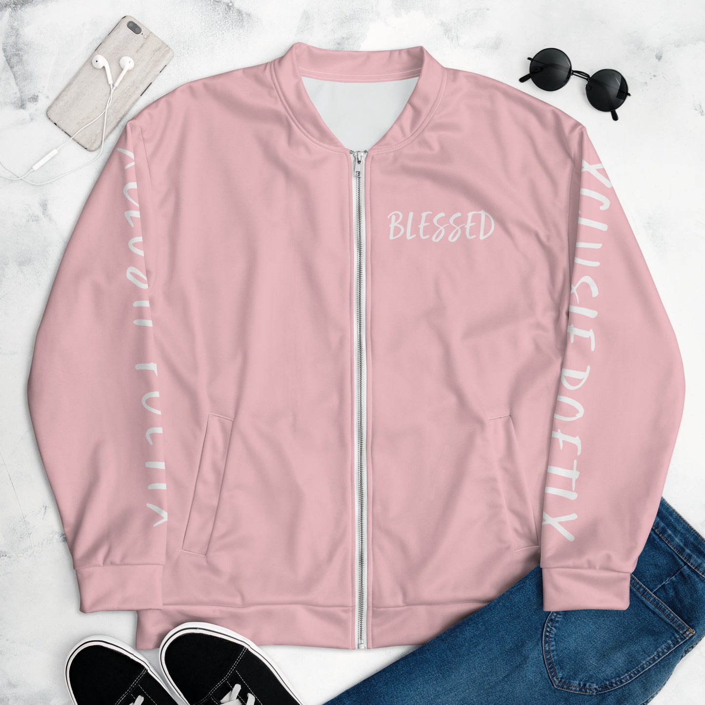 BLESSED BY XCLUSIF POETIX PINK & WHITE Unisex Bomber Jacket