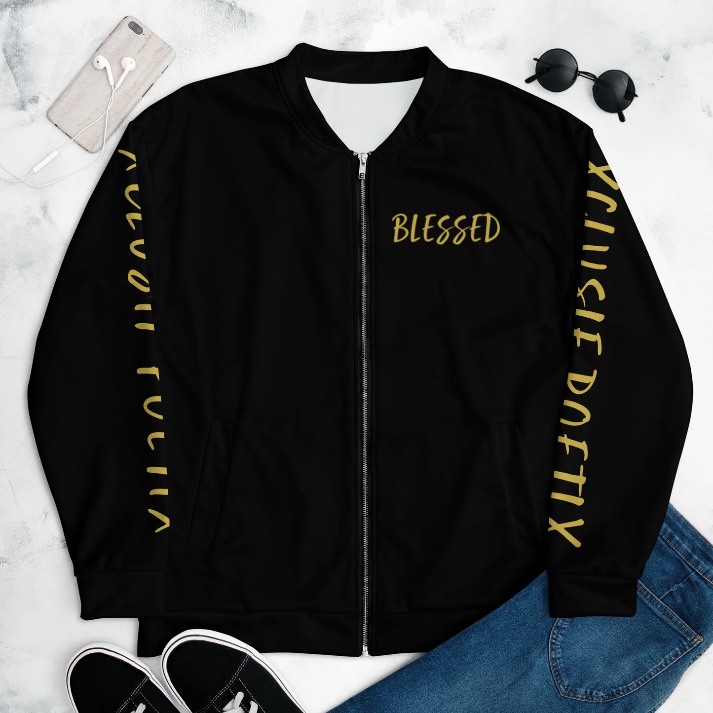 BLESSED BY XCLUSIF POETIX BLACK & GOLD Unisex Bomber Jacket