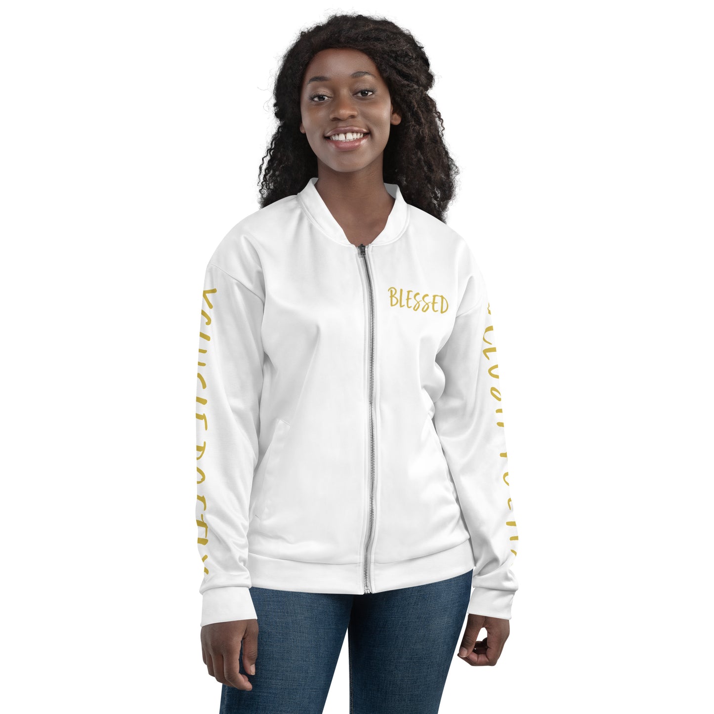 BLESSED BY XCLUSIF POETIX WHITE & GOLD Unisex Bomber Jacket