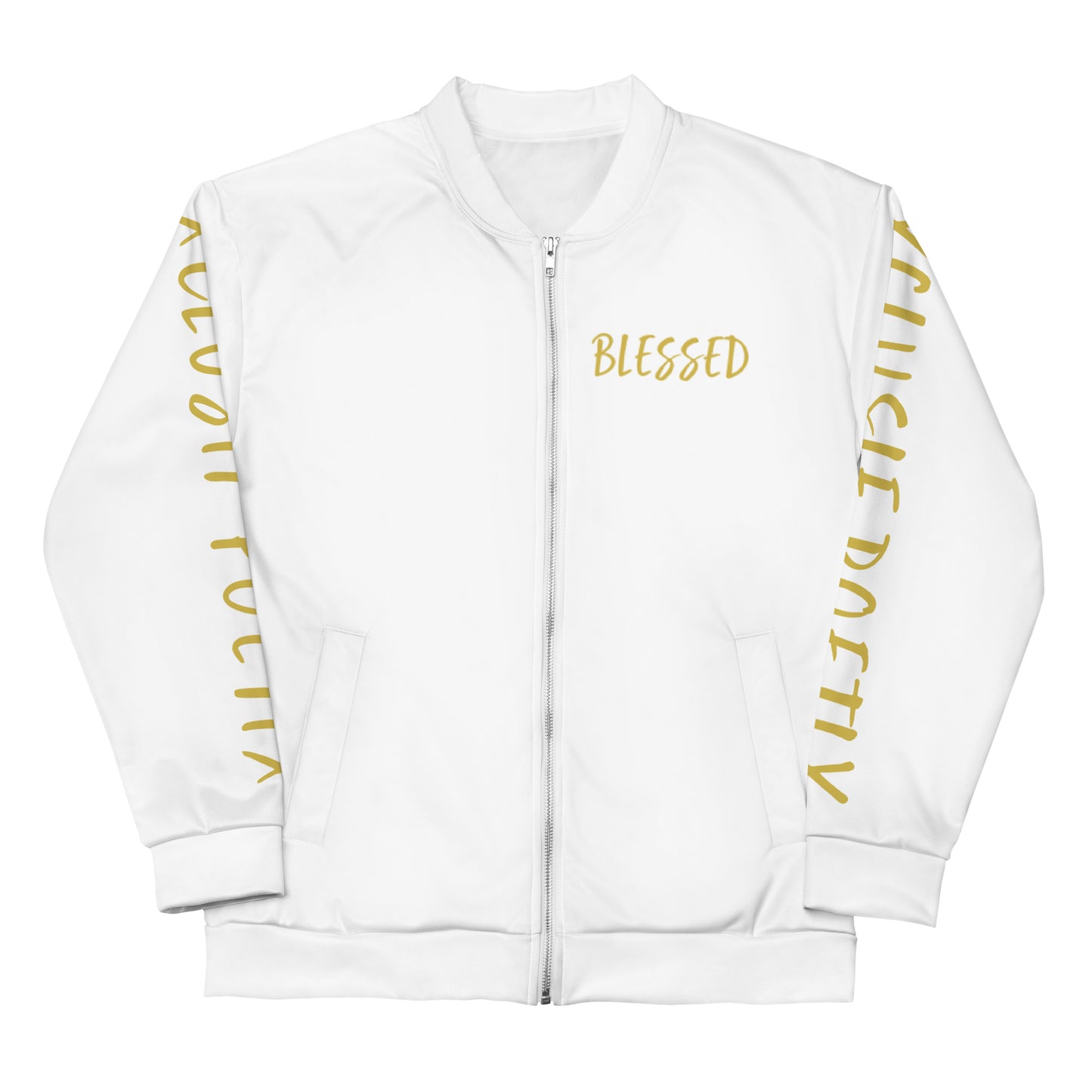 BLESSED BY XCLUSIF POETIX WHITE & GOLD Unisex Bomber Jacket