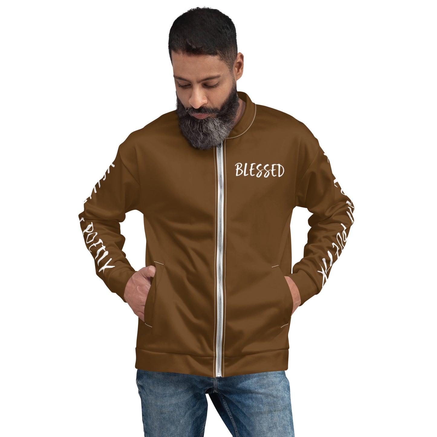 BLESSED BY XCLUSIF POETIX BROWN & WHITE Unisex Bomber Jacket