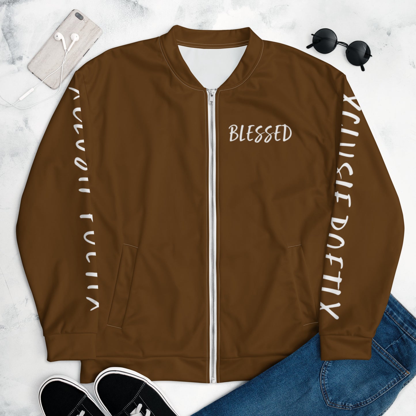 BLESSED BY XCLUSIF POETIX BROWN & WHITE Unisex Bomber Jacket