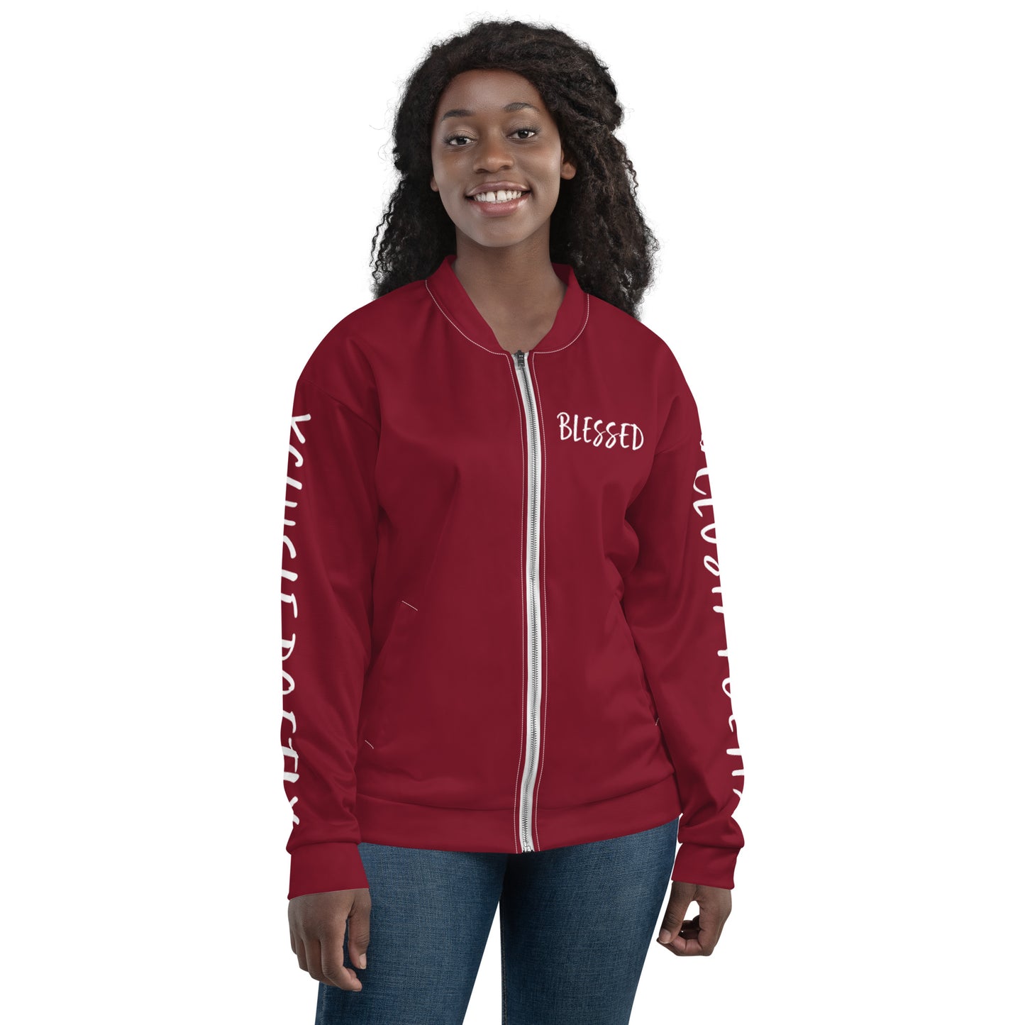 BLESSED BY XCLUSIF POETIX BURGUNDY & WHITE Unisex Bomber Jacket