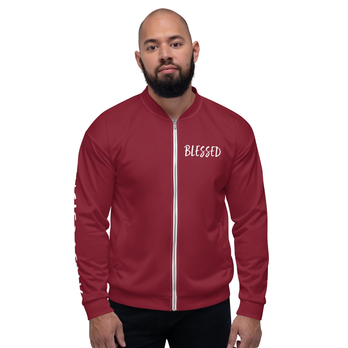 BLESSED BY XCLUSIF POETIX BURGUNDY & WHITE Unisex Bomber Jacket