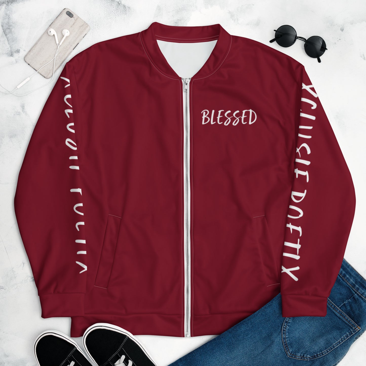 BLESSED BY XCLUSIF POETIX BURGUNDY & WHITE Unisex Bomber Jacket