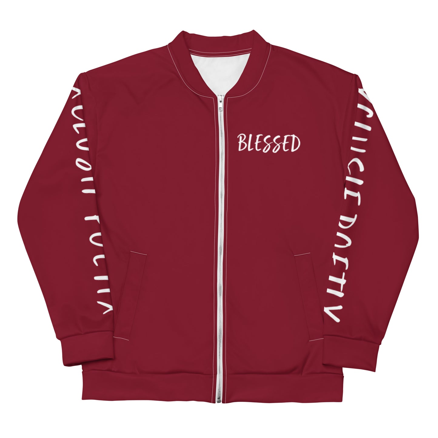 BLESSED BY XCLUSIF POETIX BURGUNDY & WHITE Unisex Bomber Jacket