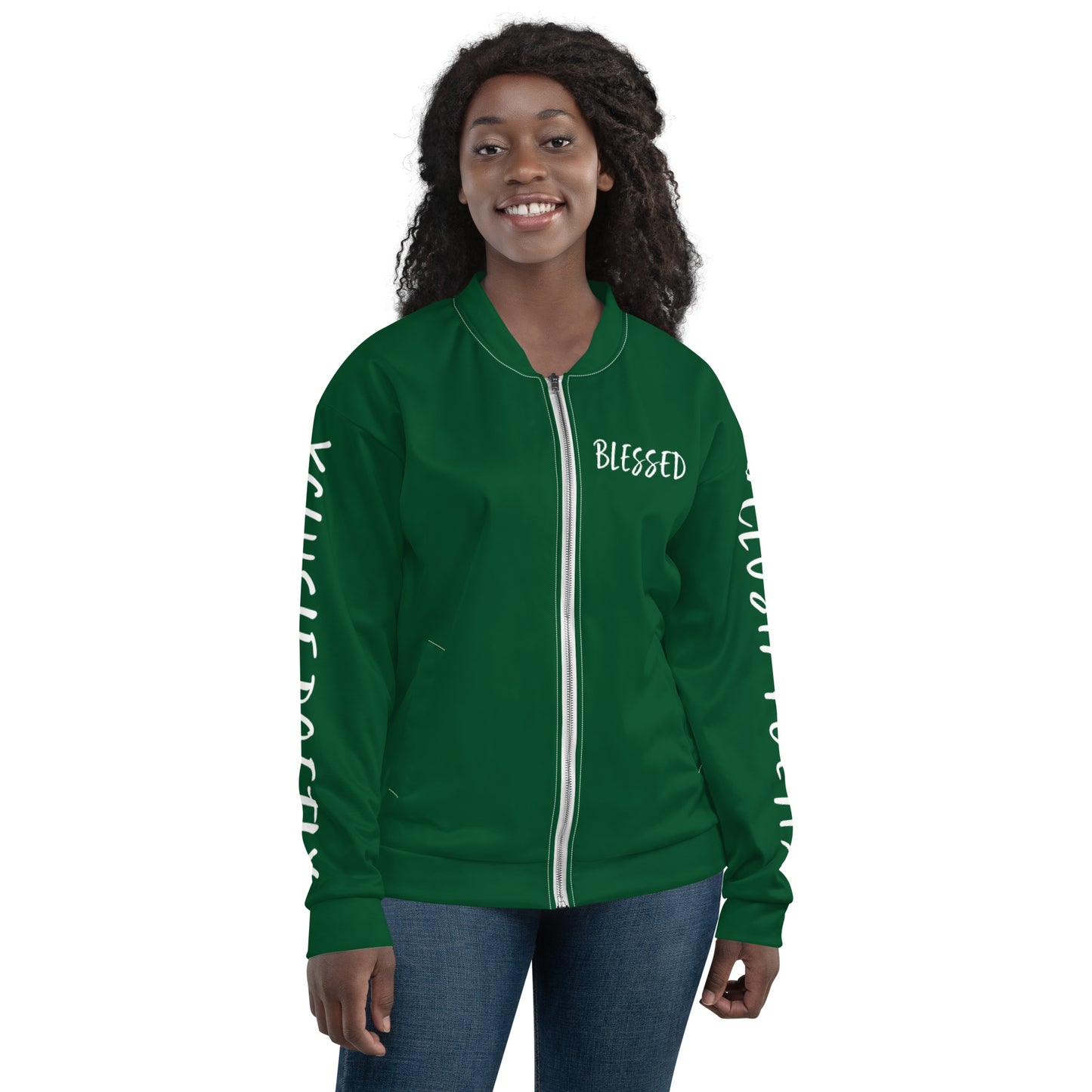 BLESSED BY XCLUSIF POETIX FOREST GREEN & WHITE Unisex Bomber Jacket