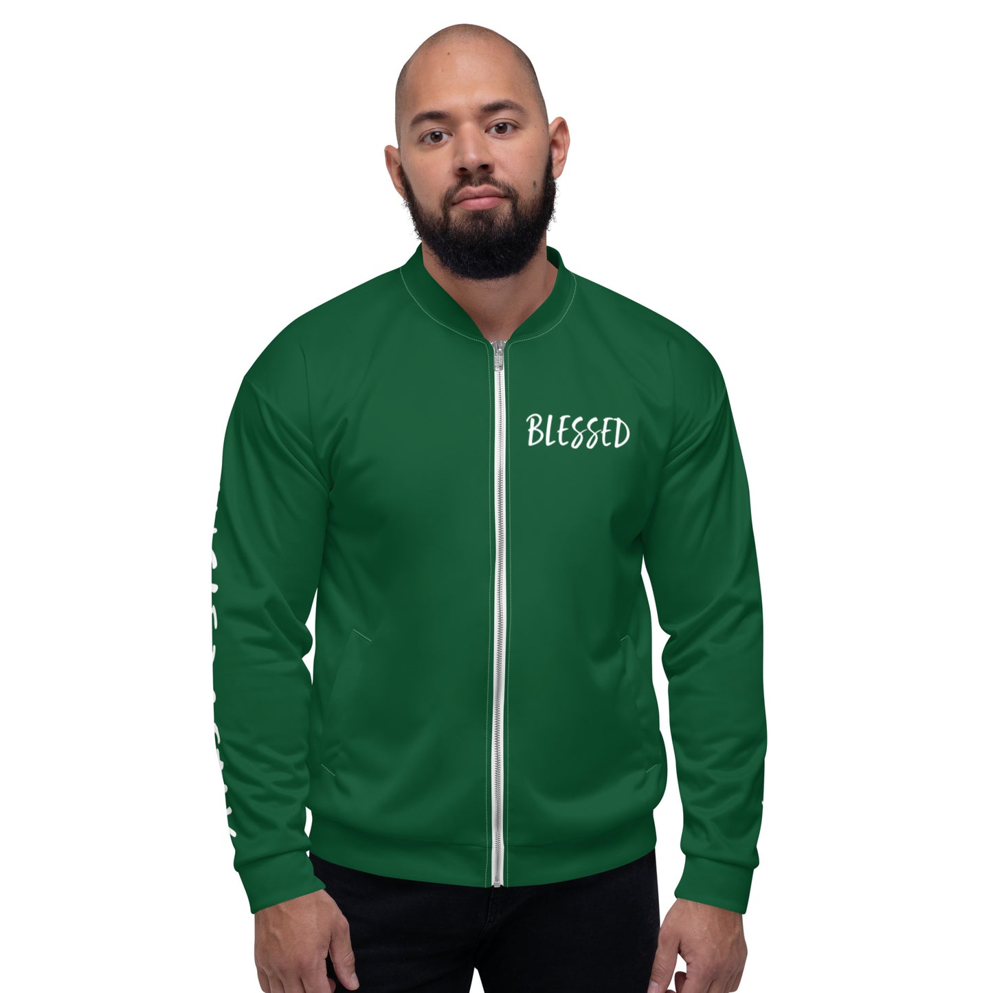 BLESSED BY XCLUSIF POETIX FOREST GREEN & WHITE Unisex Bomber Jacket