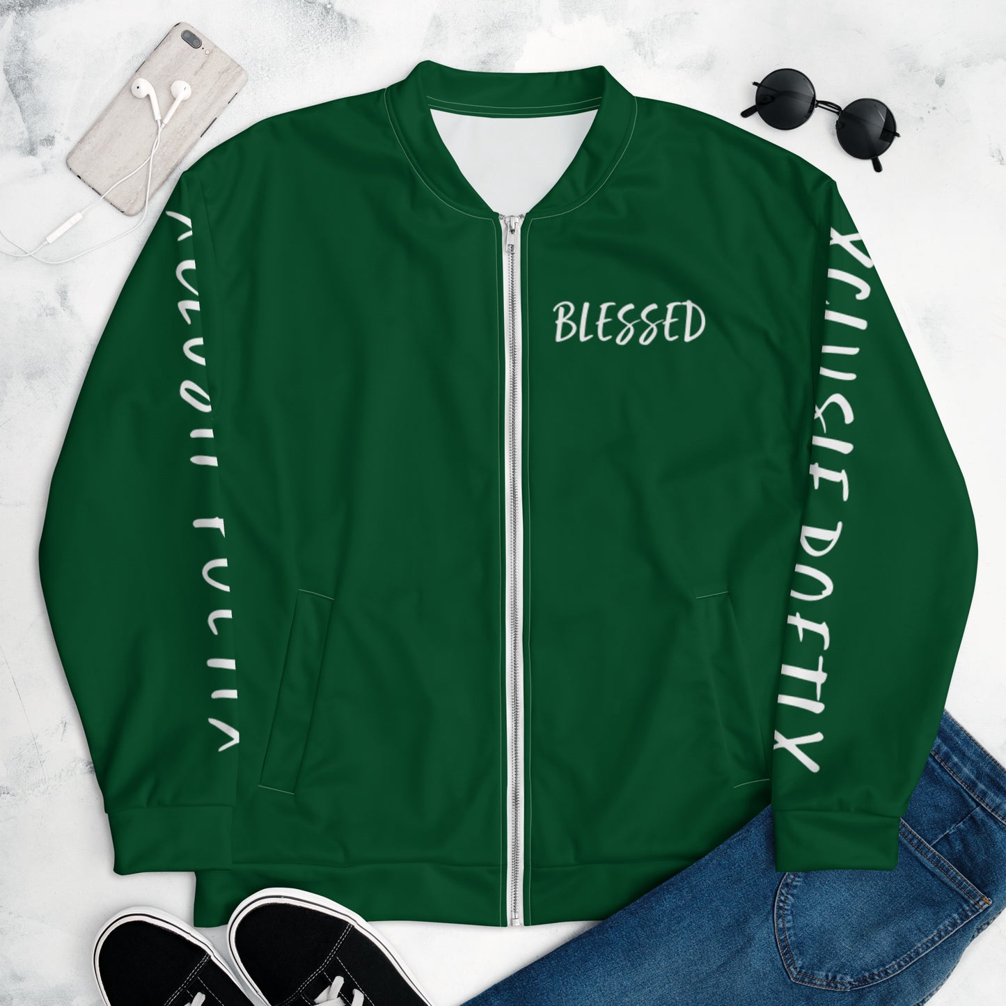 BLESSED BY XCLUSIF POETIX FOREST GREEN & WHITE Unisex Bomber Jacket